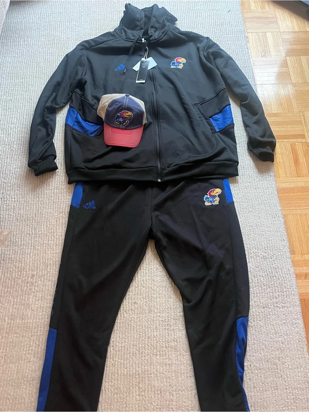 adidas Black and Blue Kansas Jayhawks Warm Up set + Hat